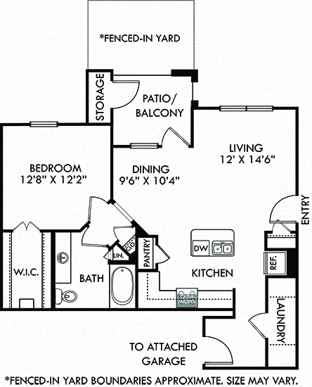 Floor plan for 1 bed, 1 bath, 775 sqft